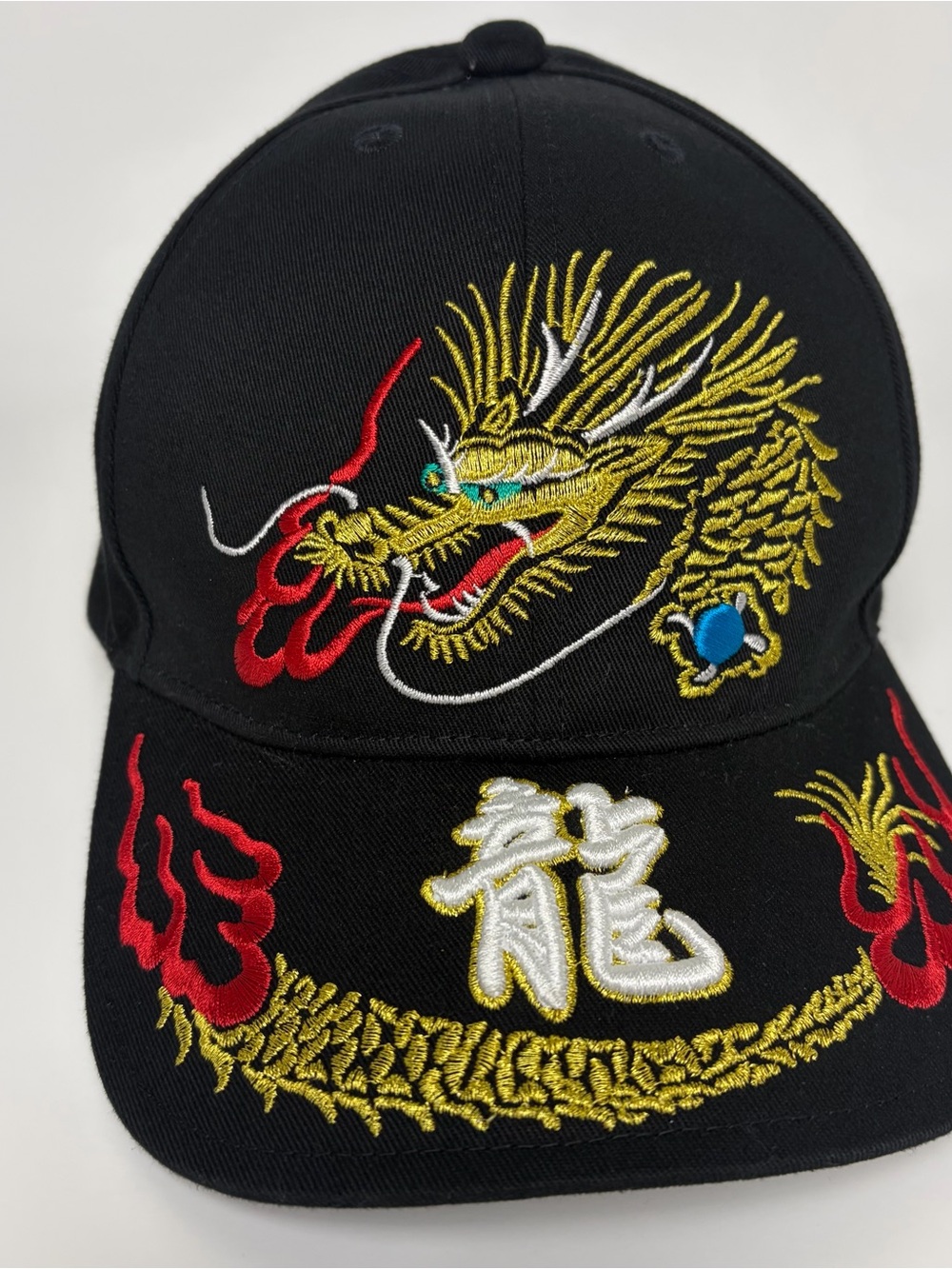Black Dragon Embroidered Baseball Cap - Gold & Red Accent